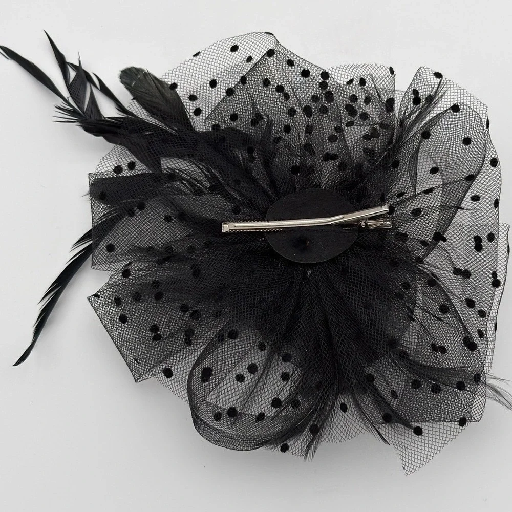 Black Floral Mesh Feather Hair Clip Brooch Women‎ Accent Accessory